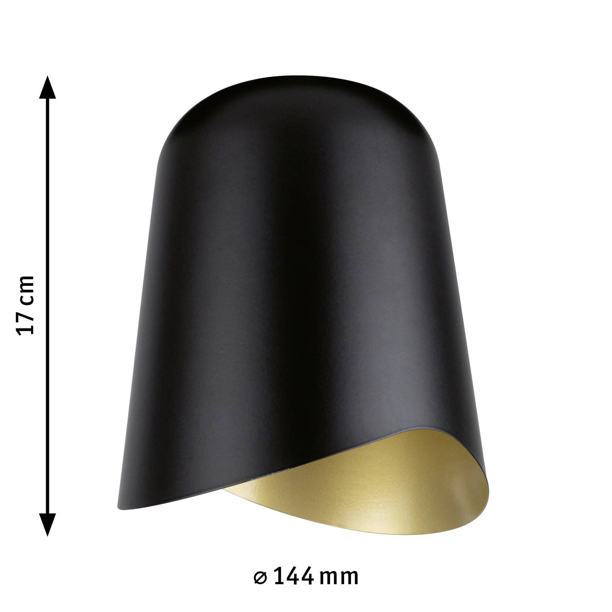 Czarna lampa ścienna z wewnętrzną powierzchnią w kolorze złotym, wysoka na 17 cm i o średnicy 144 mm.