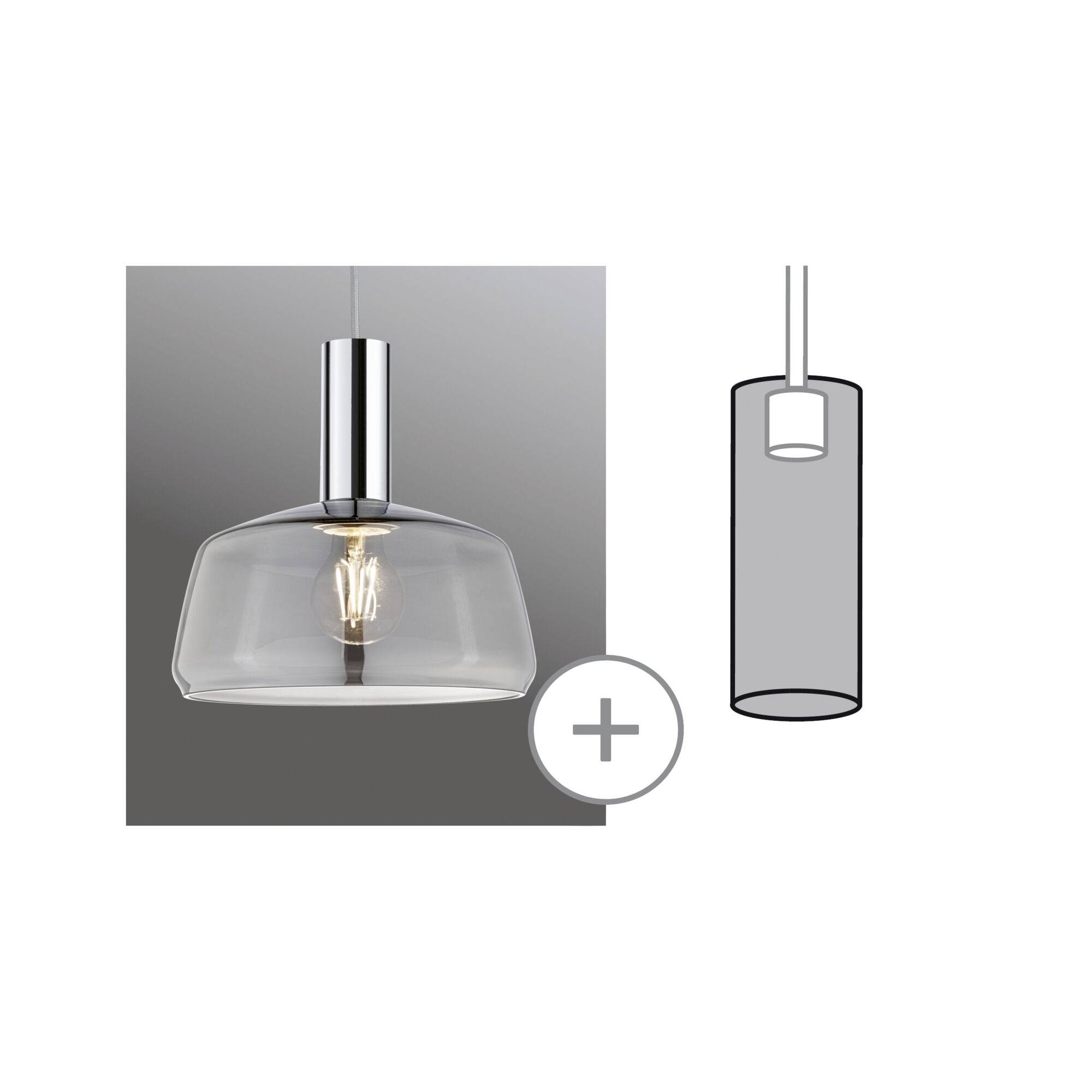 Lampa sufitowa z przezroczystym kloszem i żarówką, obok schematyczny rysunek tej samej lampy.