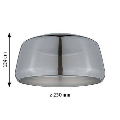 Lampa sufitowa z szarego szkła, średnica 230 mm, wysokość 124 mm.
