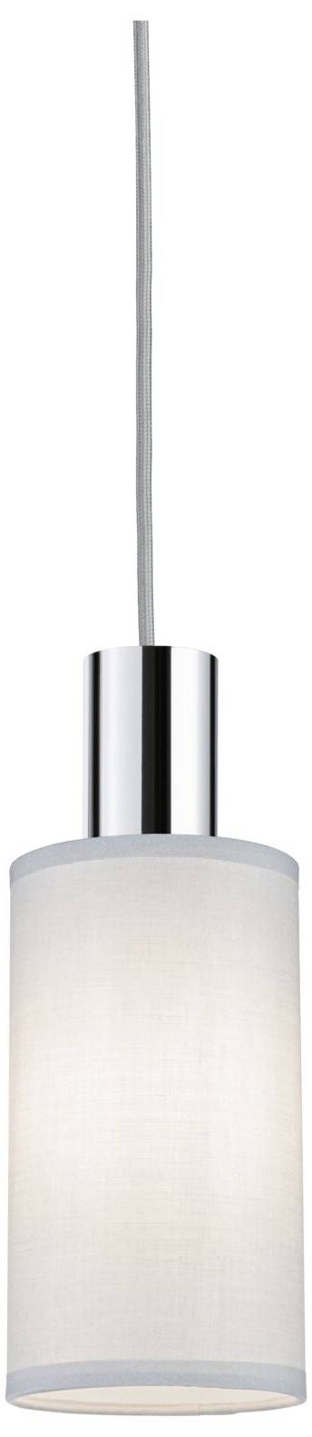 Lampa wisząca z białym cylindrycznym kloszem i metalową oprawą.