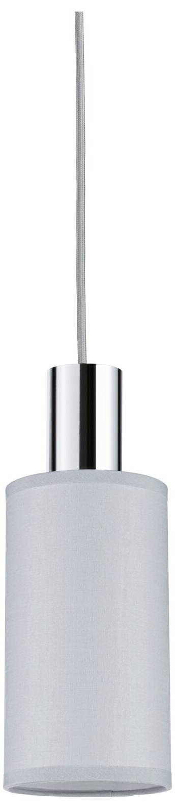 Biała, cylindryczna lampa wisząca z srebrnym elementem górnym i przewodem. Minimalistyczny design do nowoczesnego wnętrza.