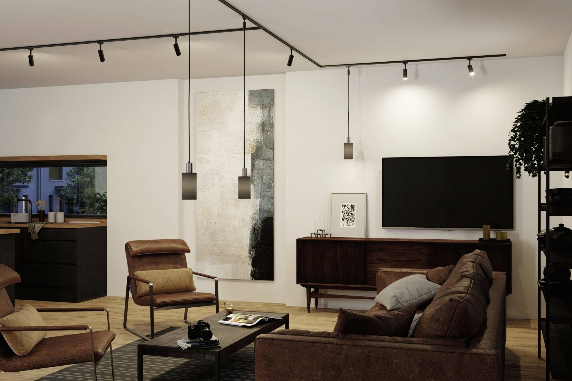 Salon z brązowymi sofami, nowoczesnymi lampami wiszącymi, dużym obrazem ściennym i telewizorem plazmowym, drewnianą podłogą i widokiem na kuchnię w tle.