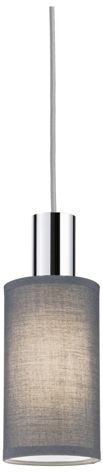 Nowoczesna lampa wisząca z cylindrycznym, szarym abażurem z tkaniny oraz srebrną podstawą, zawieszona pod sufitem.