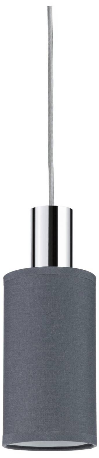 Szara, cylindryczna lampa wisząca z srebrnym mocowaniem i przewodem; nowoczesny, minimalistyczny design.