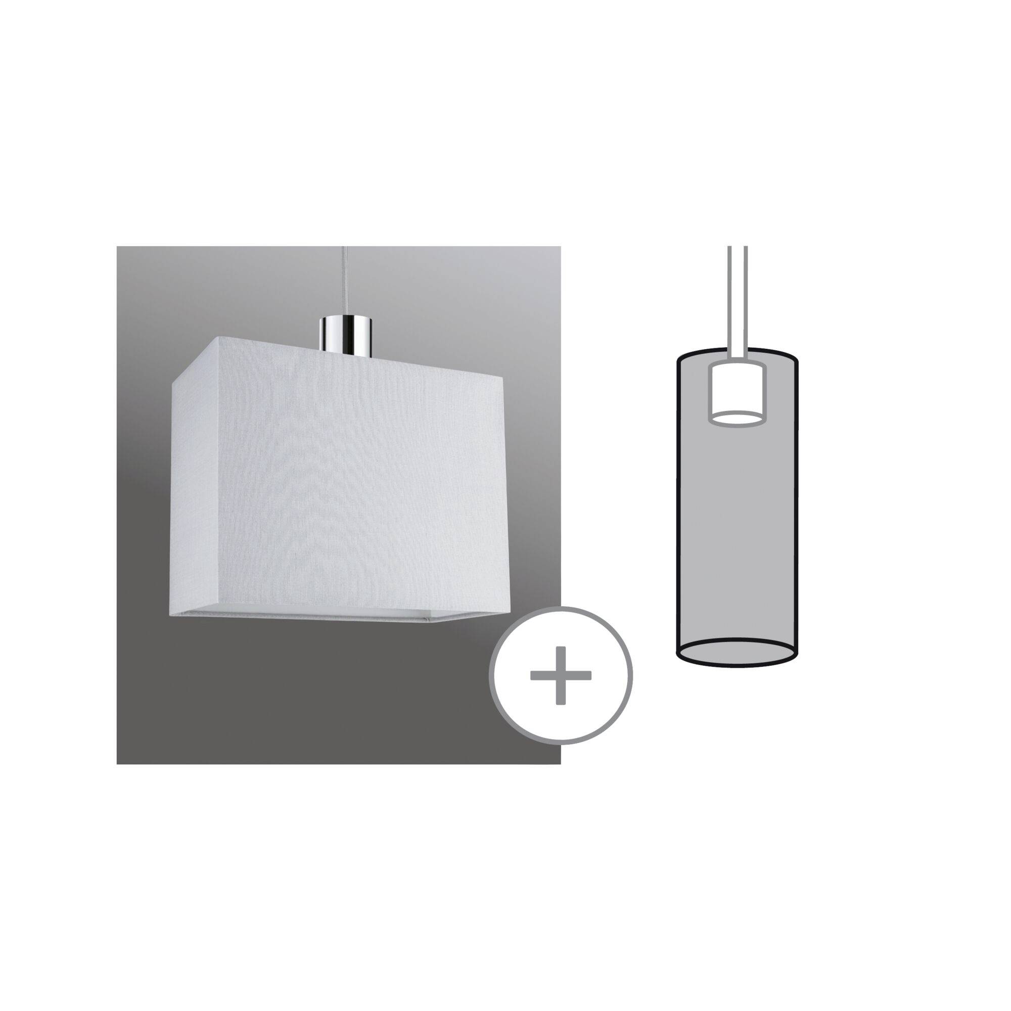 Biała, prostokątna lampa wisząca obok schematycznego rysunku cylindrycznej lampy wiszącej z symbolem plus.