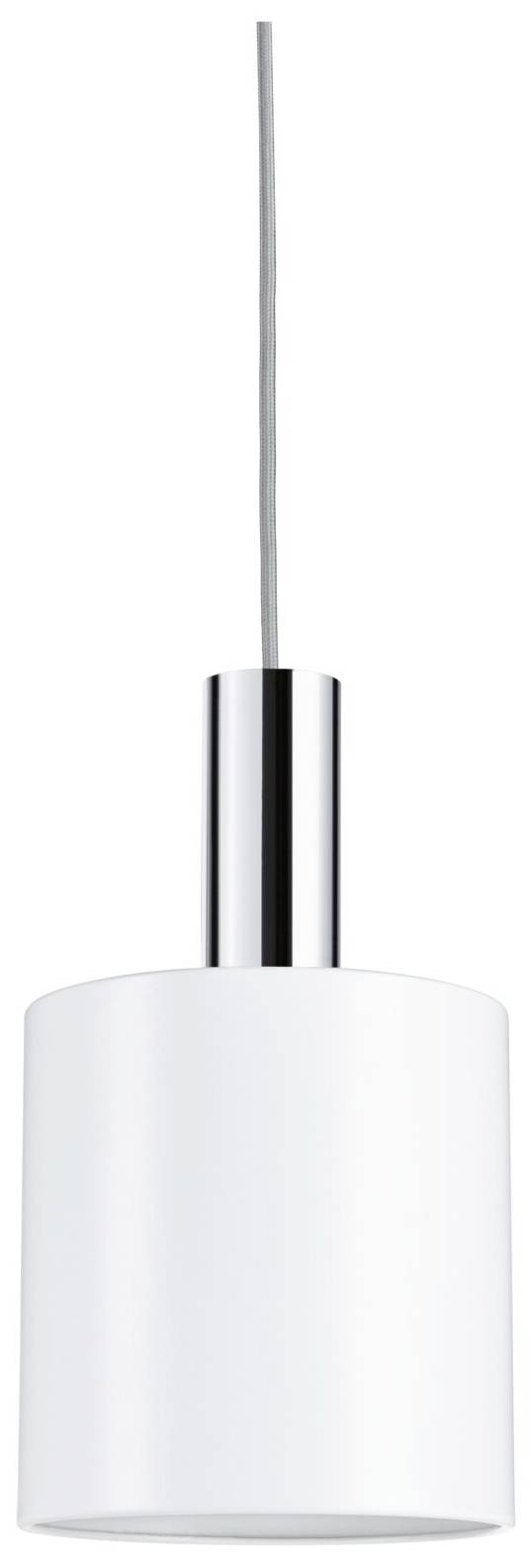 Biała lampa wisząca z cylindrycznym kloszem i chromowanym elementem metalowym, zawieszona na cienkim przewodzie.