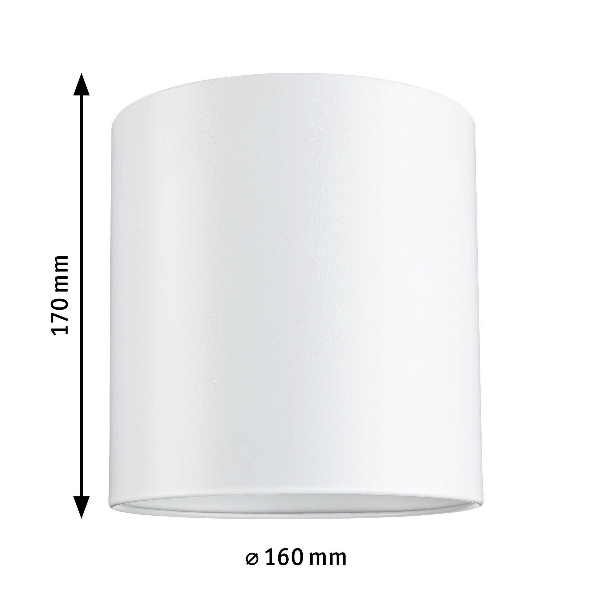 Biały, cylindryczny abażur o wysokości 170 mm i średnicy 160 mm.