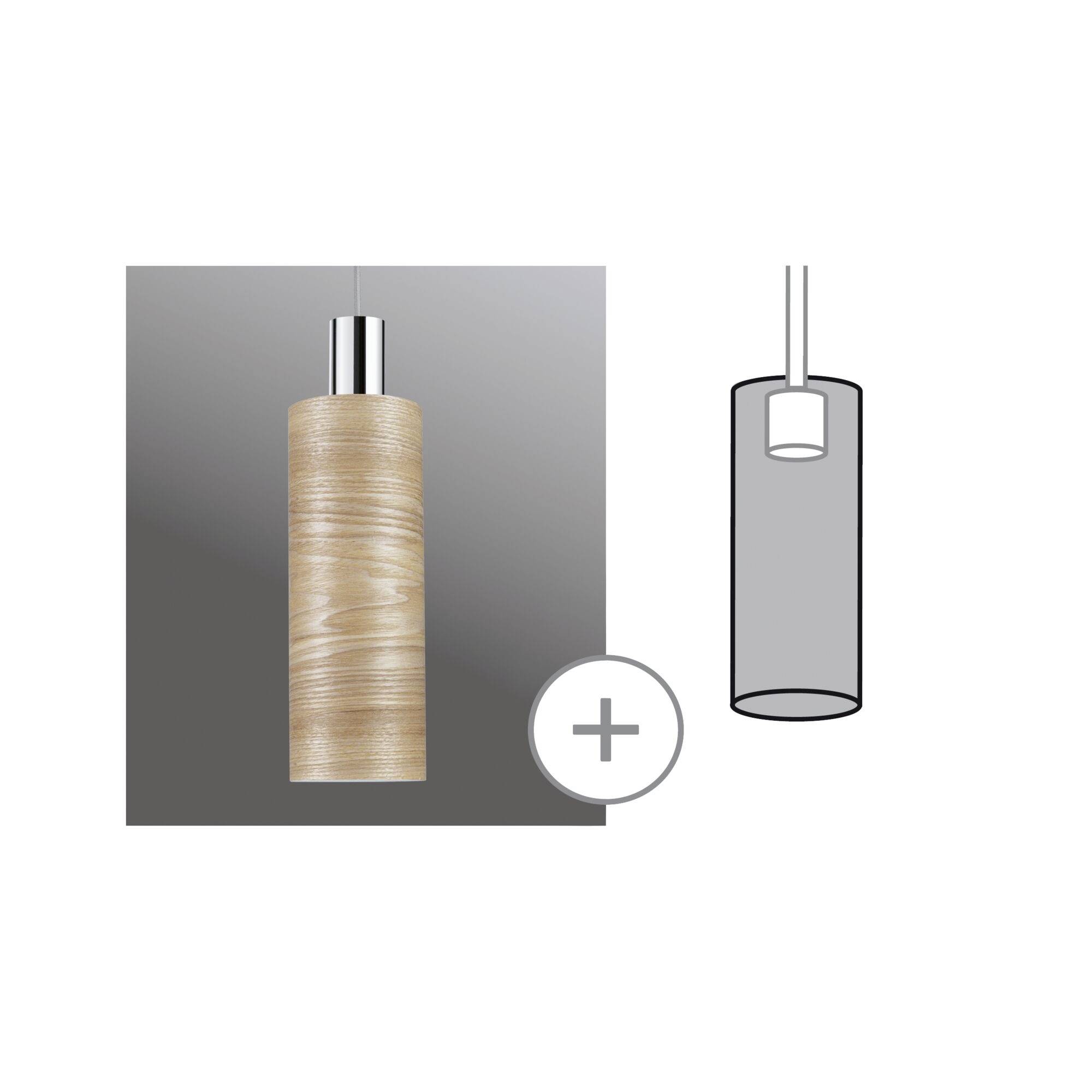 Lampa wisząca w stylu drewna na szarym tle obok prostego szkicu lampy z oznaczeniem plus.