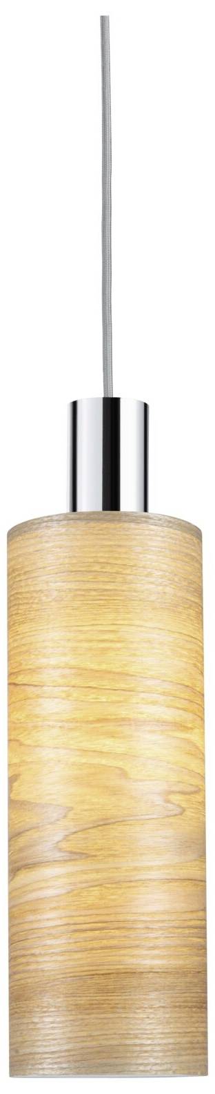 Lampa wisząca z cylindrycznym, jasno oświetlonym kloszem drewnianym, zawieszona na stalowym przewodzie; nowoczesny design, ciepłe światło.