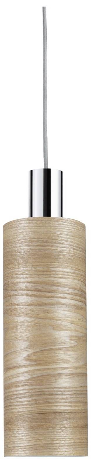 Lampa wisząca z cylindrycznym kloszem drewnianym i srebrną oprawą metalową.