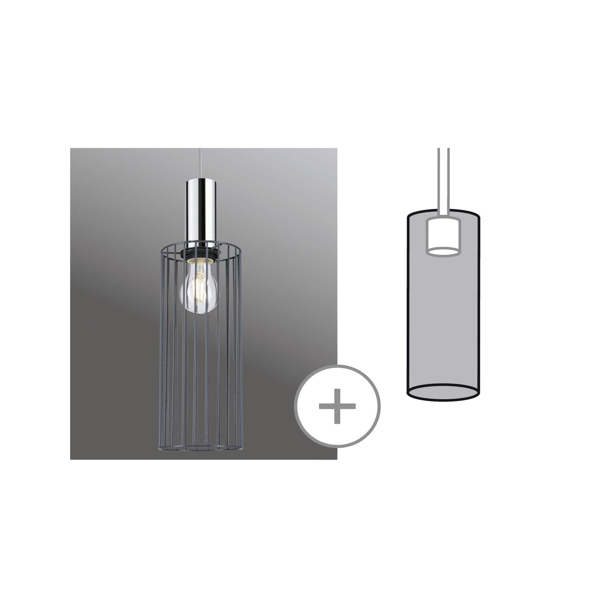 Nowoczesna lampa wisząca z cylindryczną metalową ramą i widoczną żarówką. Obok znajduje się schematyczny rysunek lampy.