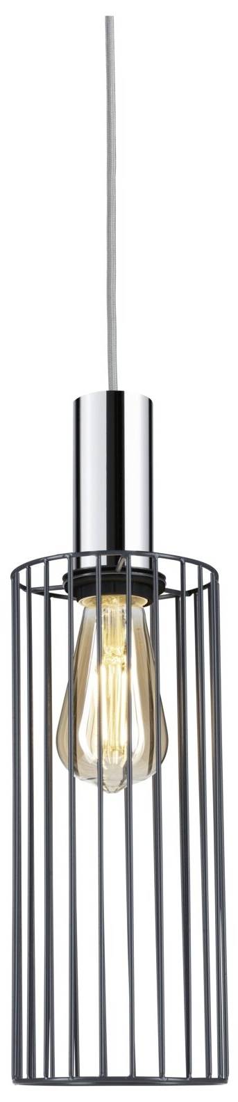 Czarna lampa wisząca z designem w kształcie klatki, z widoczną świecącą żarówką, zawieszona na białym przewodzie. Idealna do nowoczesnego wnętrza.