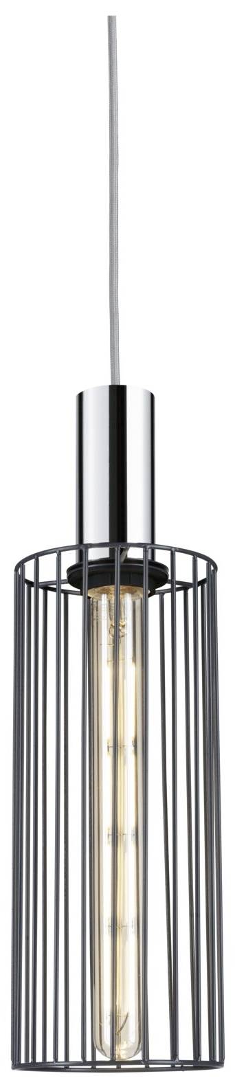 Czarna lampa wisząca z cylindrycznym designem klosza w kształcie klatki, z widoczną żarówką, zawieszona na srebrnym przewodzie.