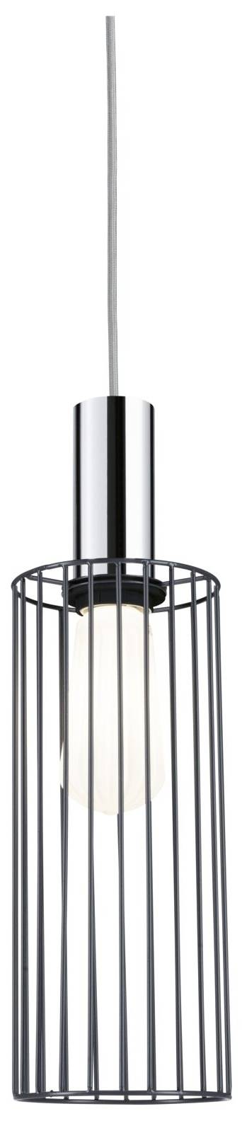 Nowoczesna lampa wisząca z cylindrycznym, otwartym kloszem siatkowym wykonanym z metalu, widoczna jest żarówka.