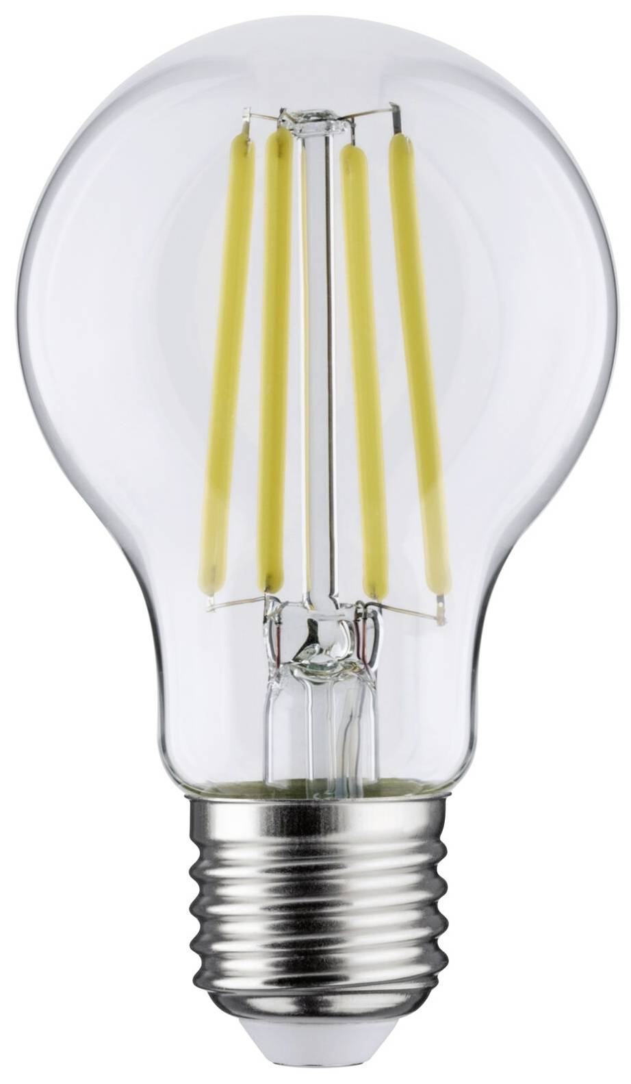 Żarówka z diodami LED w formie filamentów i metalowym gwintem, symbolizująca oszczędność energii i nowoczesny design.