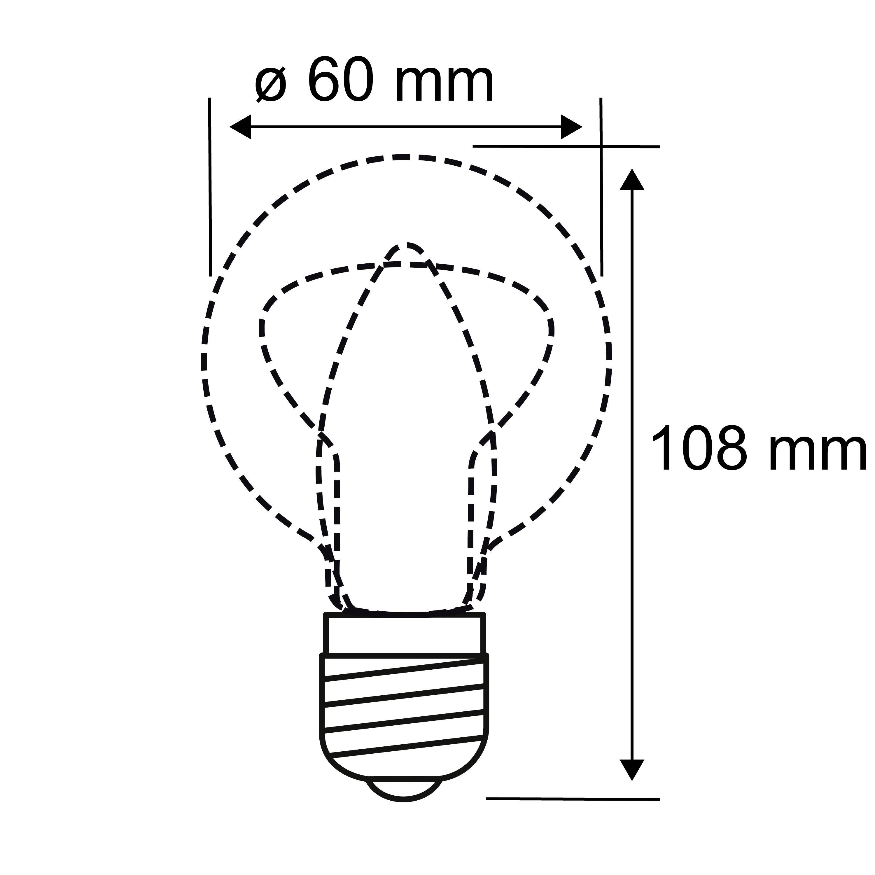 Rysunek techniczny żarówki: Wysokość 108 mm, średnica 60 mm, z gwintem od dołu.