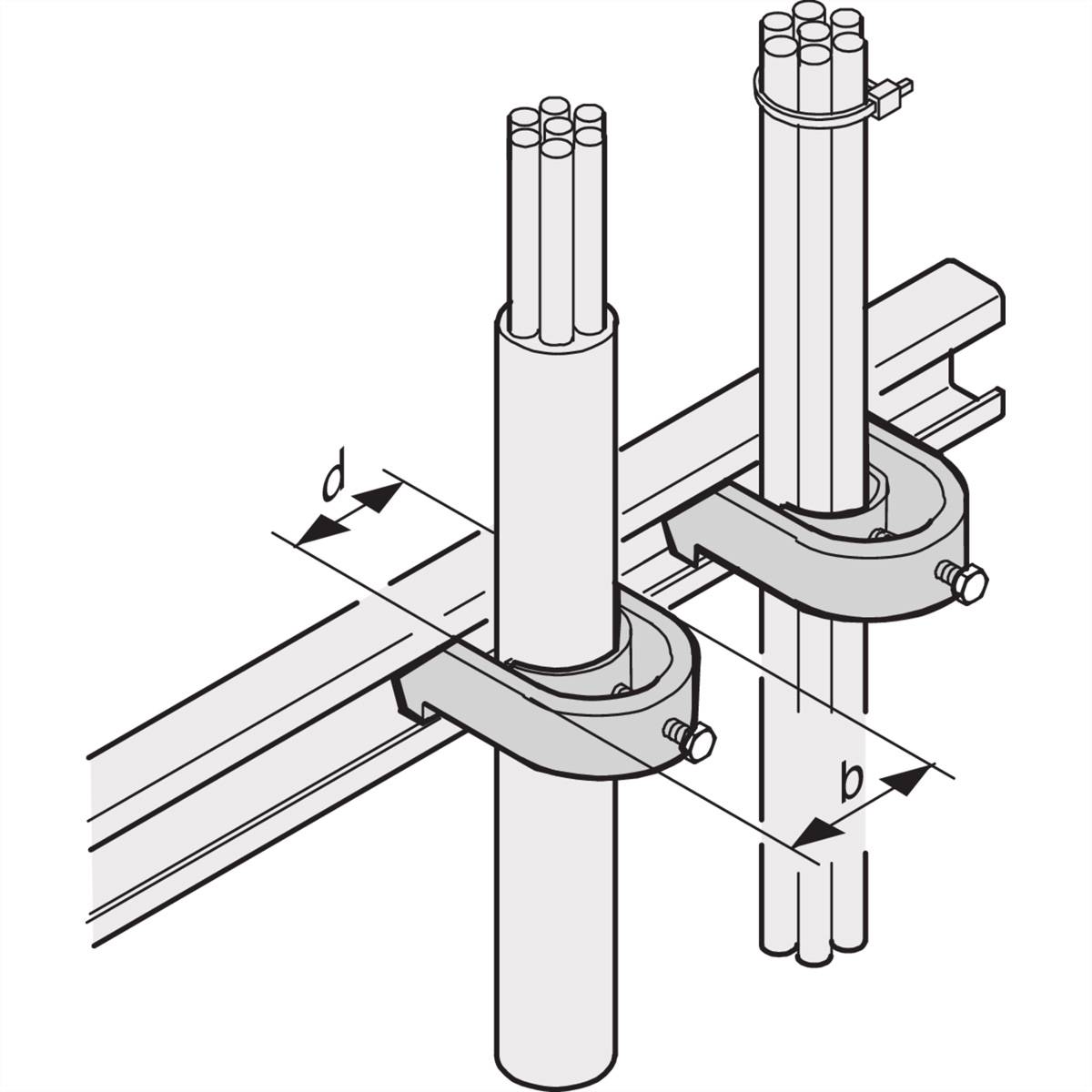 Diagram przedstawia uchwyt mocujący dwie pionowe rury do poziomej szyny nośnej. Podane są wymiary d i b.