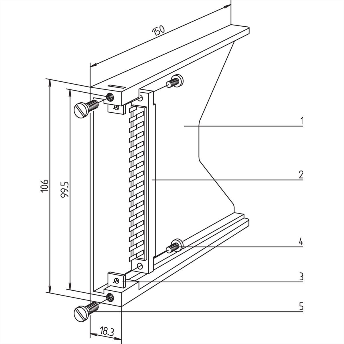 Rysunek techniczny złącza elektrycznego z wymiarami: 150 mm szerokości, 106 mm wysokości, 18,3 mm głębokości. Widoczne śruby i gniazda przyłączeniowe.