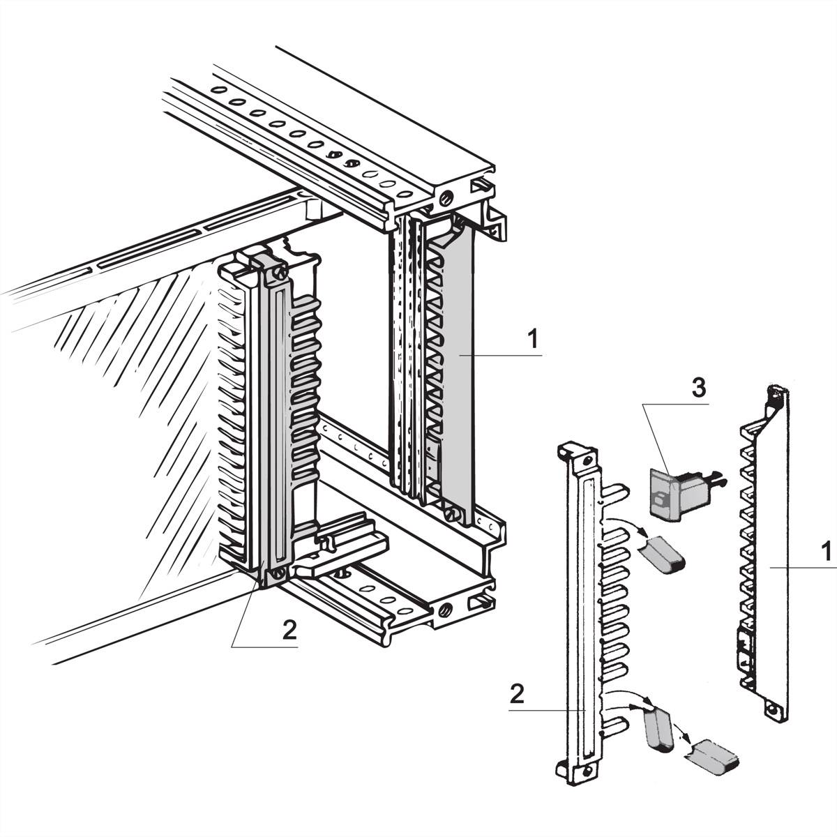 Diagram procesu instalacji przewodów sieciowych: 1 przedstawia panel kablowy, 2 złącza kablowe, 3 wtyczkę ze strzałką wskazującą połączenie.