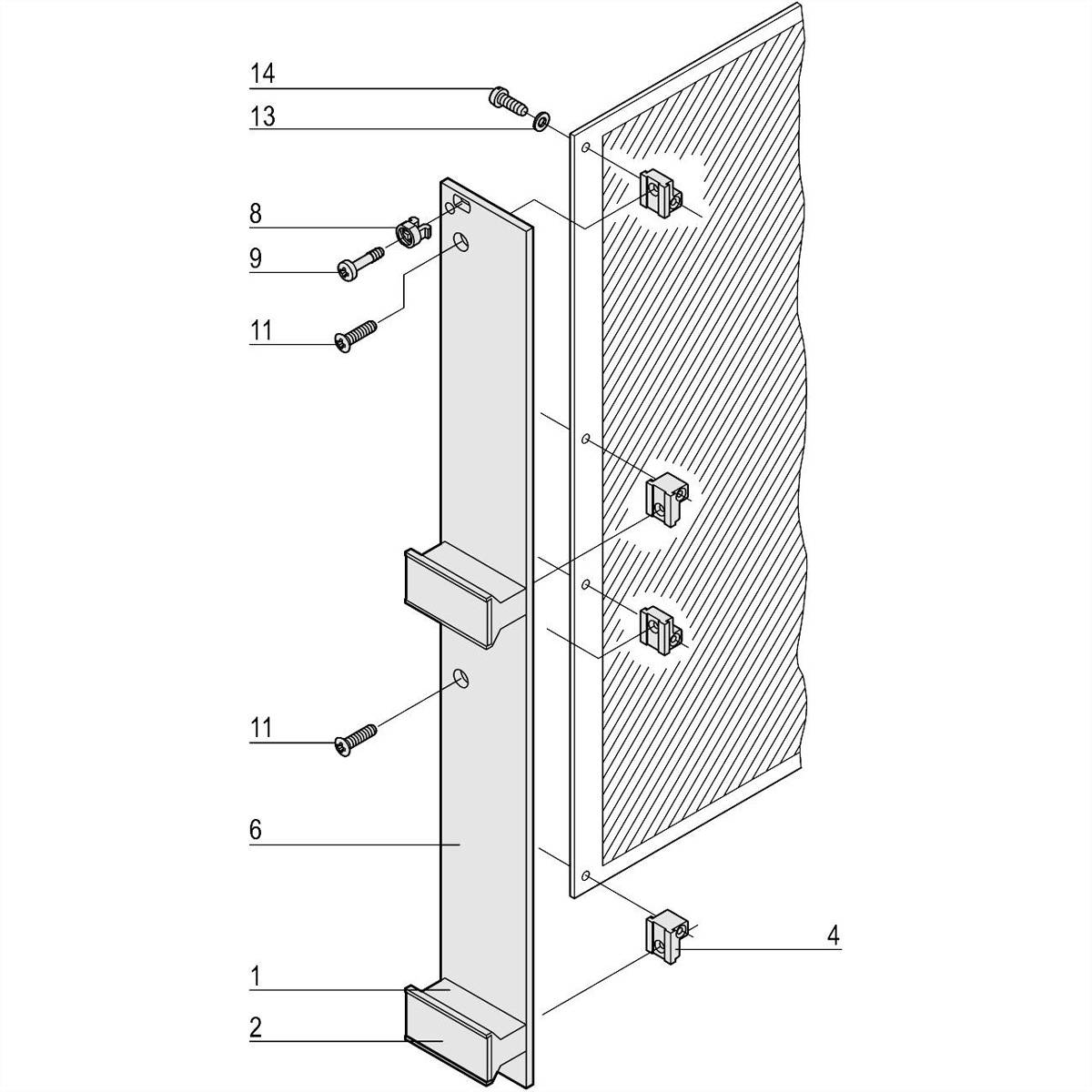 Rysunek rozstrzelony uchwytu ściennego: Części od 1 do 14 przedstawiają śruby, elementy mocujące i wspornik. Ściana i płyta są zobrazowane.