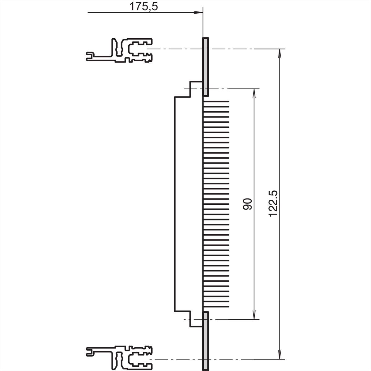 Techniczny rysunek przedstawia widok z boku radiatora z wymiarami: szerokość 175,5 mm, wysokość 122,5 mm, wysokość żeber 90 mm.