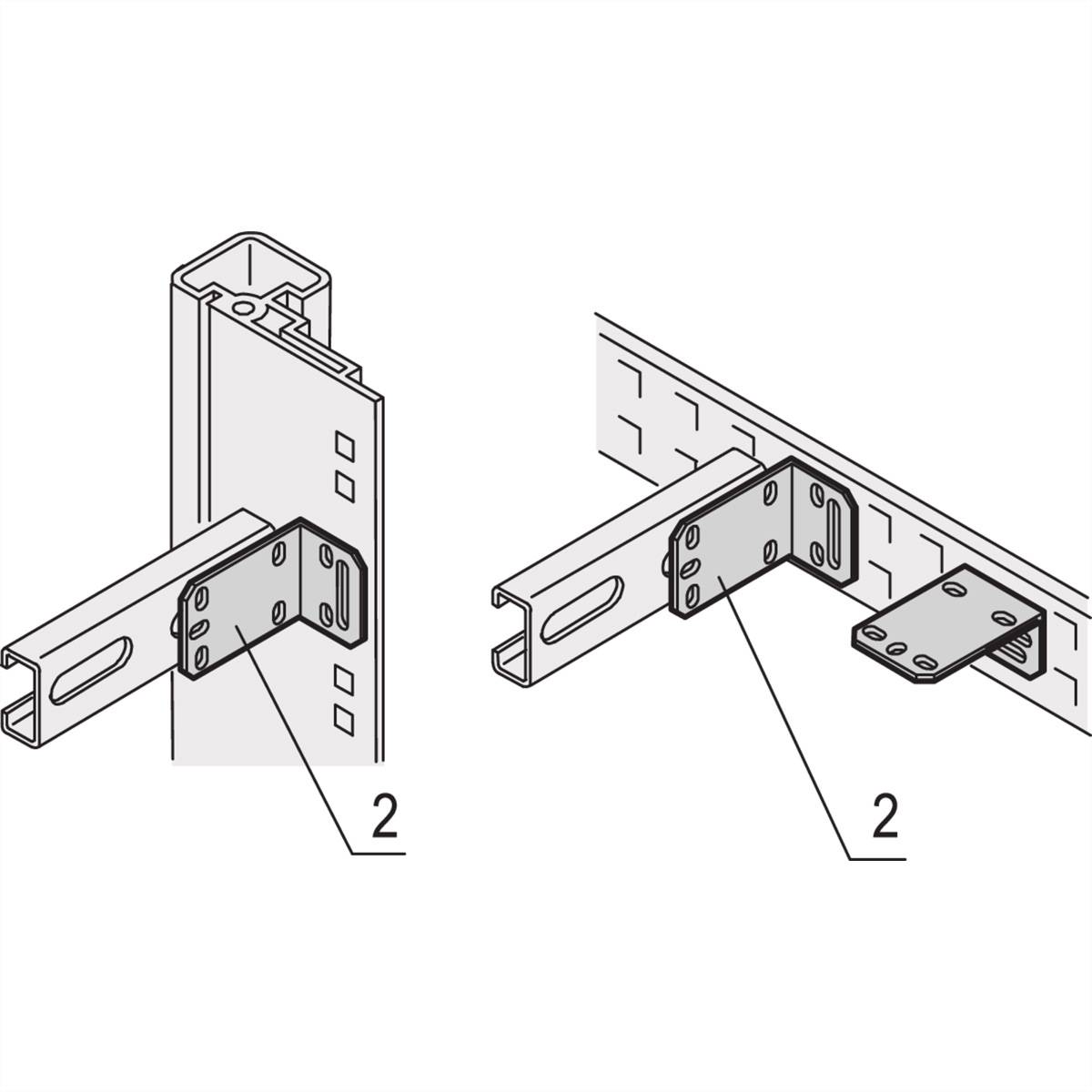 Rysunek przedstawia montaż kąta na uchwycie ściennym. Dwa otwory na śruby po każdej stronie. Liczby oznaczają miejsca mocowania.