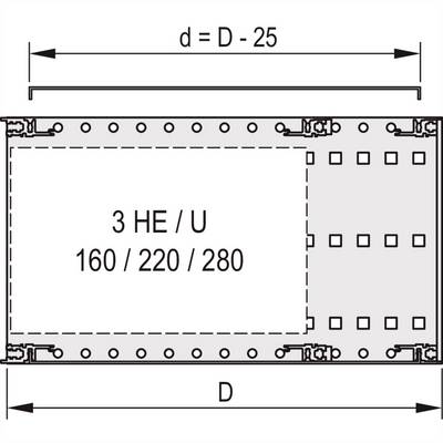 Rysunek obudowy przedstawiający wymiary z oznaczeniem '3 HE / U 160 / 220 / 280' oraz oznaczeniem 'd = D - 25'.