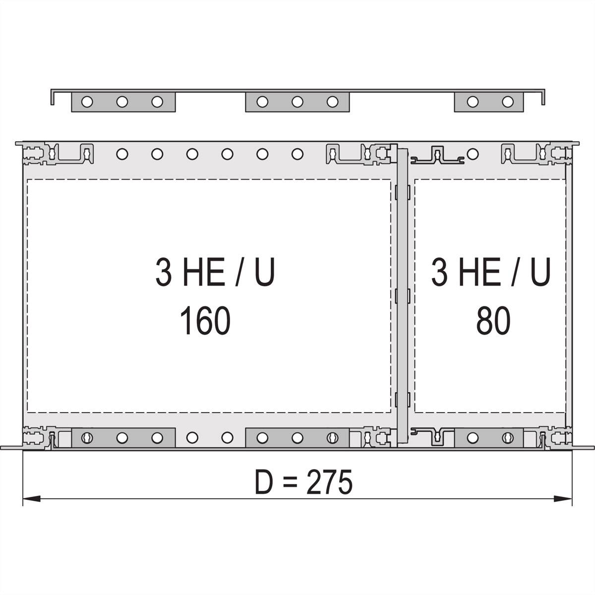 Rysunek techniczny dwóch modułów 3 HE umieszczonych obok siebie w szafie rack, z podanym wymiarem D=275 mm. Po lewej stronie: 160, po prawej stronie: 80.