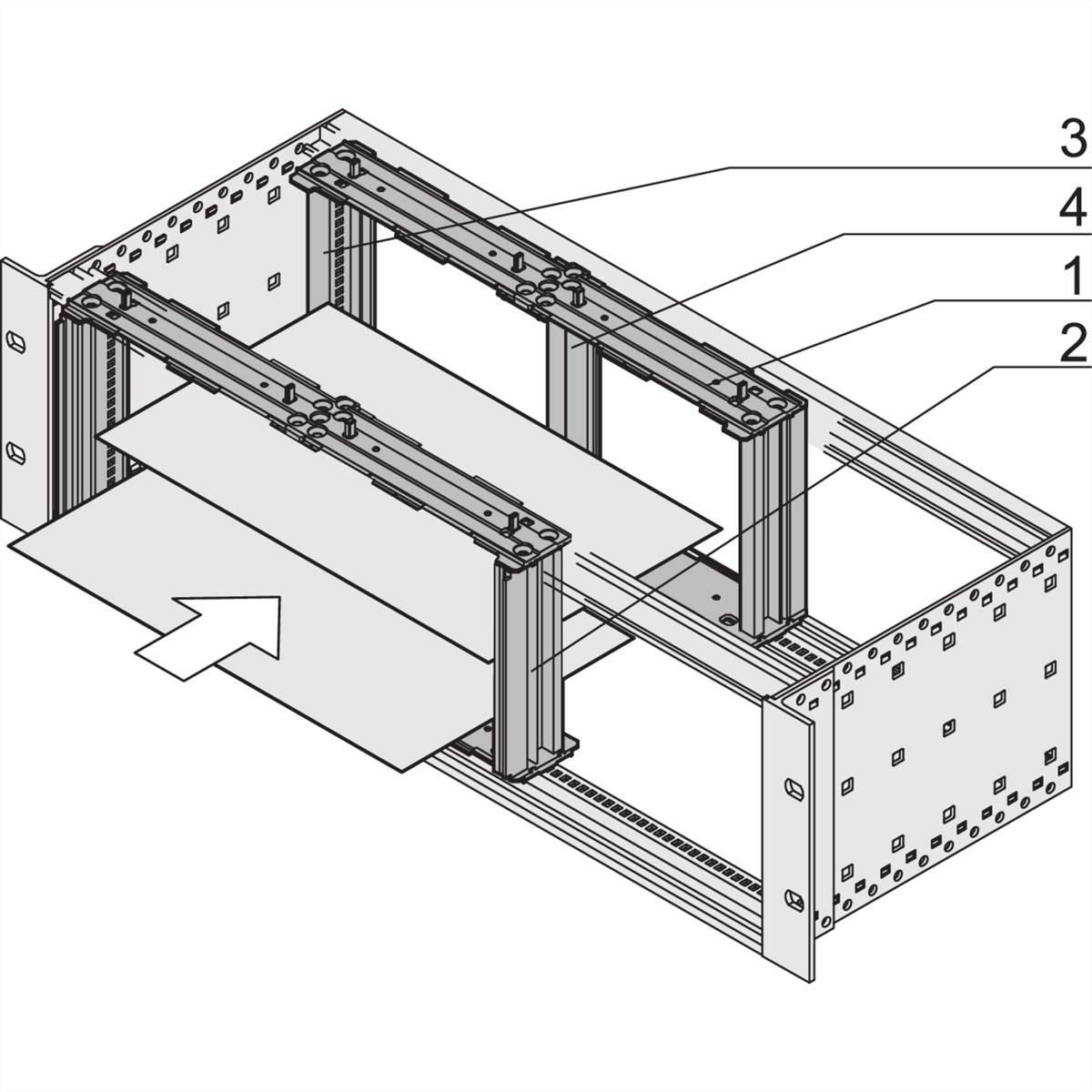 Diagram montażu szuflady krok po kroku. Strzałki wskazują kierunek ruchu. Ponumerowane linie identyfikują części.
