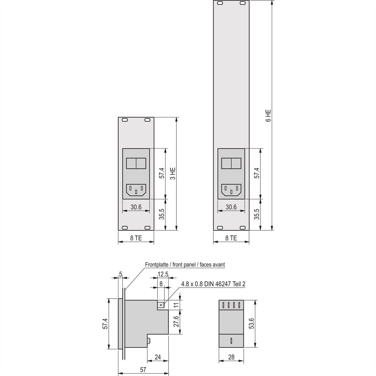 Rysunek techniczny urządzenia elektrycznego, widok z przodu i z boku. Wymiary podane w milimetrach: wysokość 57,4, szerokość 30,6.