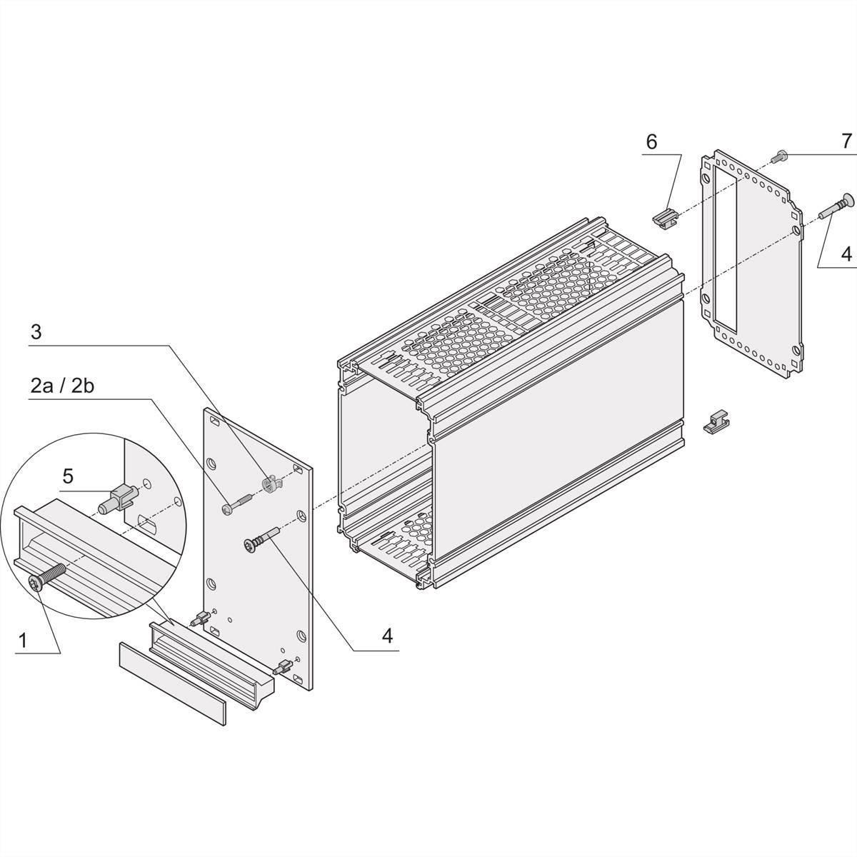 Rysunek rozstrzelony obudowy z ponumerowanymi elementami, w tym ściankami bocznymi, śrubami i złączkami do montażu.