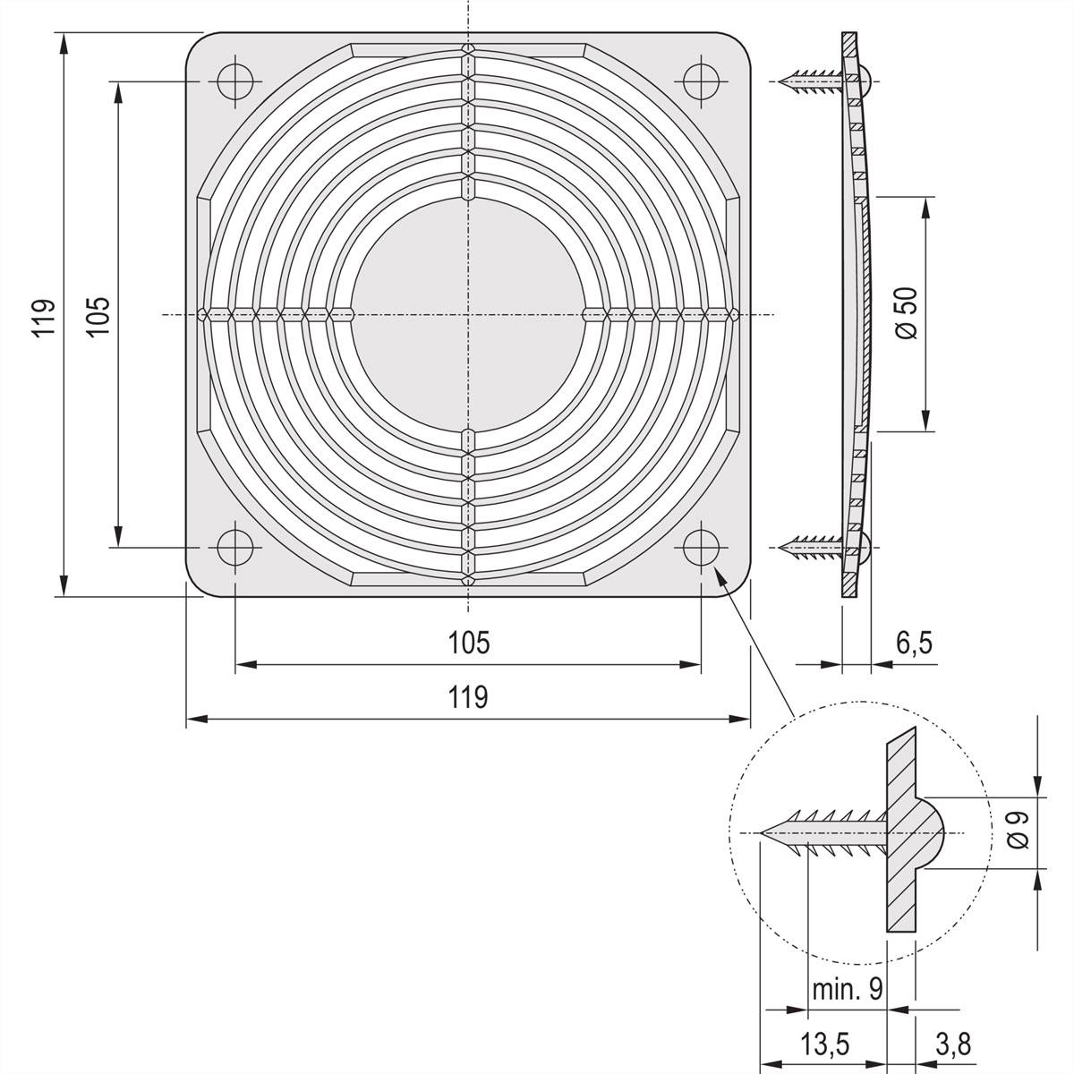 Rysunek techniczny kwadratowej kratki wentylacyjnej z wymiarami: 119 mm szerokości/wysokości, 119 mm wymiar wewnętrzny, 6,5 mm głębokości; przedstawia widok szczegółowy elementu montażowego.
