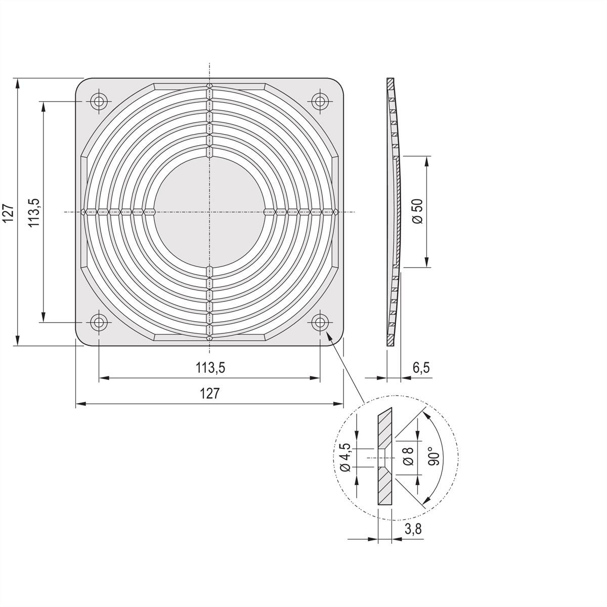 Rysunek techniczny kwadratowej kratki wentylacyjnej o wymiarach: 127 x 127 mm, widok z boku pokazuje głębokość 6,5 mm. Przedstawiono widoki, wymiary i szczegóły.