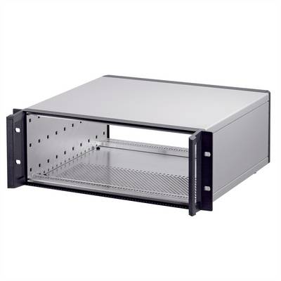 Srebrna metalowa obudowa z otworami wentylacyjnymi, przystosowana do montażu w systemie rack, sfotografowana na białym tle.