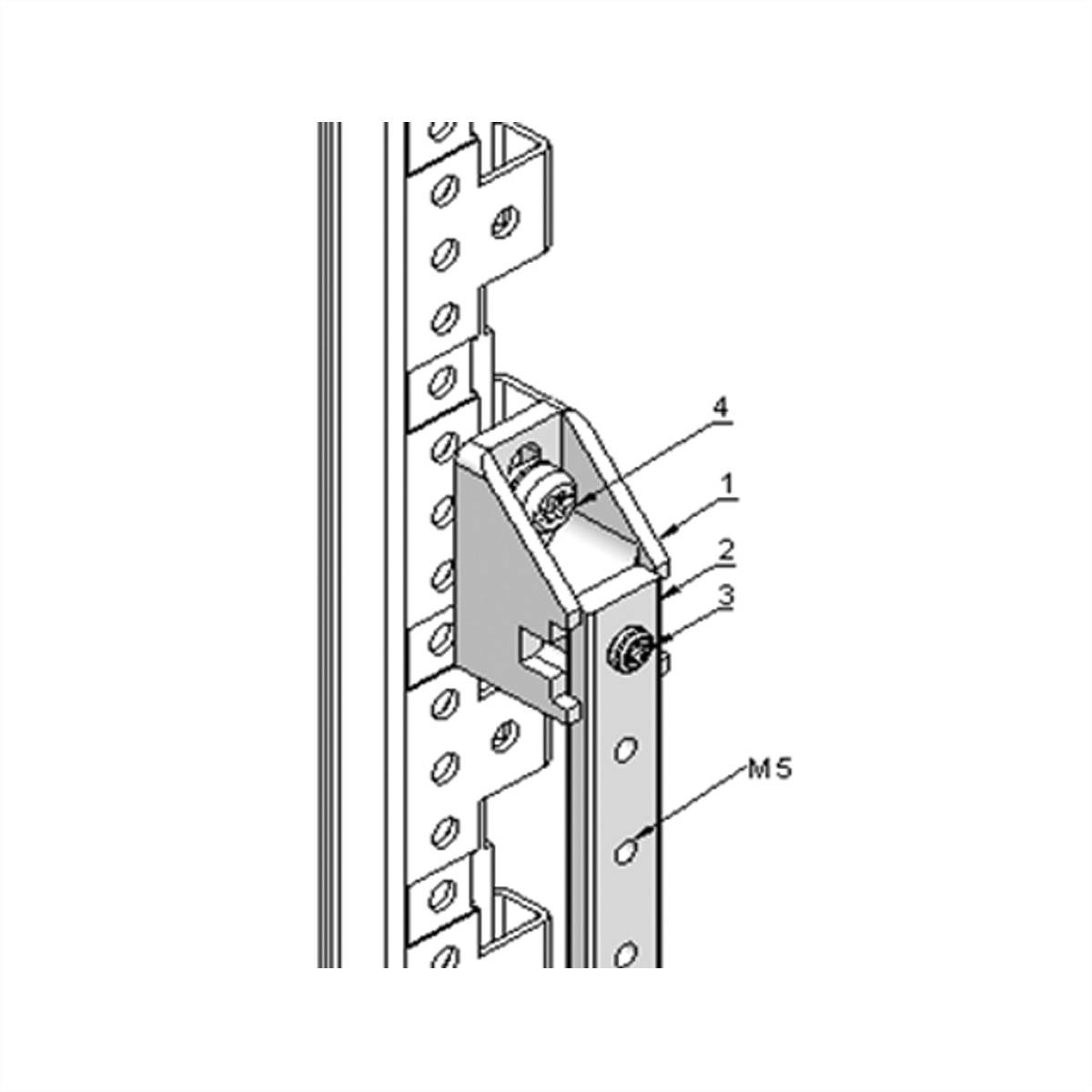 'Ilustracja materiału montażowego z oznaczeniami śruby (M5) i innych komponentów zamocowanych na wyciętym profilu metalowym.'