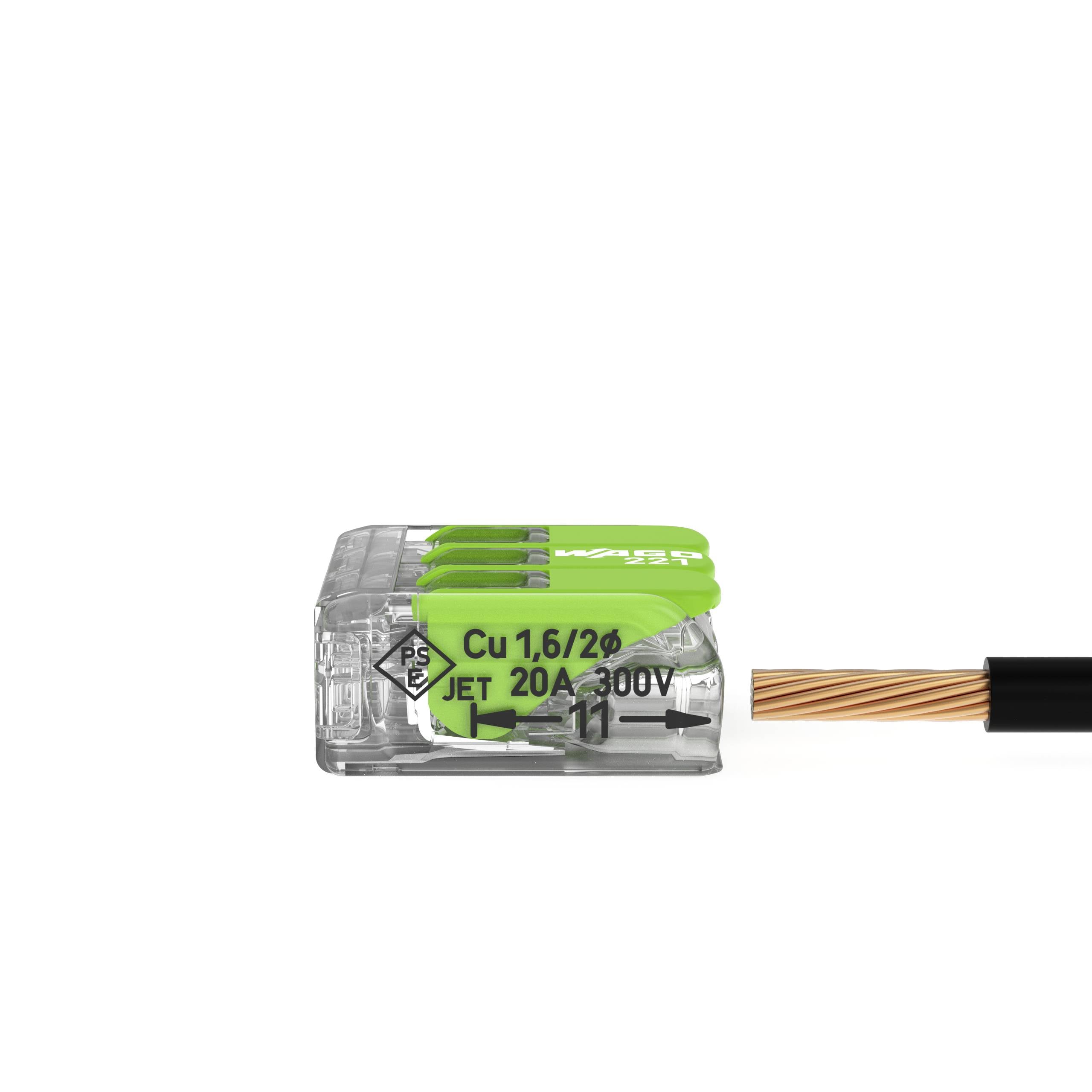 Przezroczysty złącz elektryczny z miedzianymi kablami po prawej stronie. Oznaczony napisem 'Cu 1,6/2,0'.