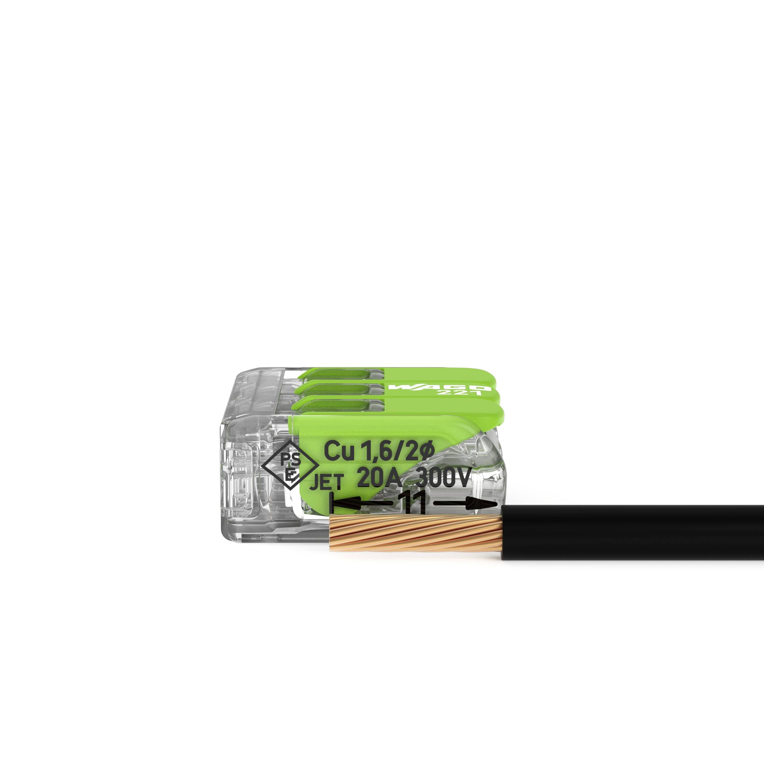 Przezroczysty złącz elektryczny łączy dwa przewody miedziane. Na złączu widnieje napis 'Cu 1,6/2,5', 'JET 20A 300V'.