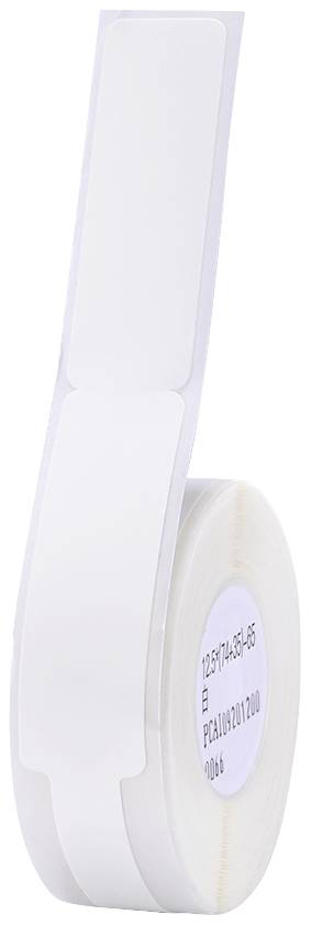 Rolka samoprzylepnych etykiet z białymi, prostokątnymi etykietami ułożonymi w ciągłym rzędzie.