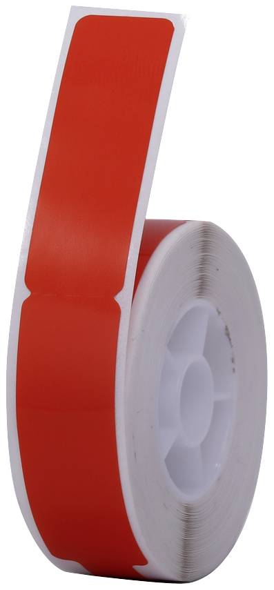 Rolka czerwonych, okrągłych etykiet z białą krawędzią na plastikowym rdzeniu.