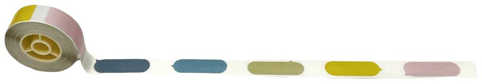 Wielokolorowa taśma klejąca w pięciu kolorach: różowy, niebieski, żółty, zielony i różowy. Jest zwinięta w rolkę.