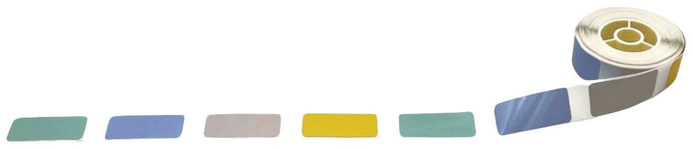 Rolki kolorowej taśmy klejącej, przechodzące od jasnego błękitu do żółci, na białej powierzchni.