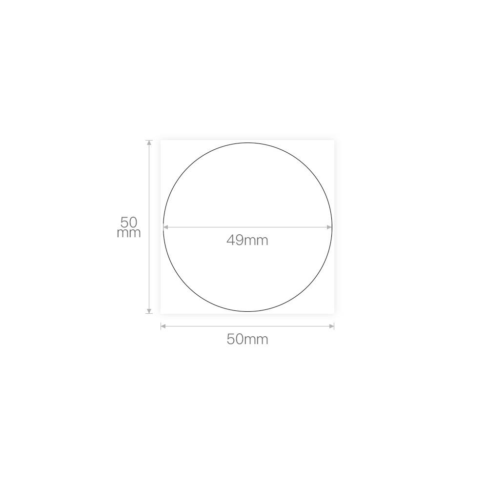 Koło o średnicy 49 mm wewnątrz kwadratu o wymiarach 50 mm x 50 mm. Wymiary podane po lewej i górnej stronie.