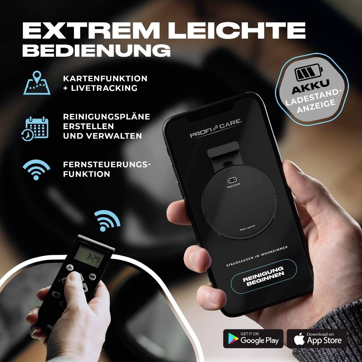 Smartfon wyświetla aplikację do zdalnego sterowania robotem odkurzającym, w tym stan baterii i plany sprzątania.