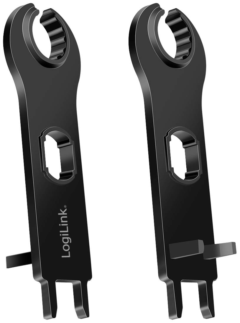 Dwa czarne klucze narzędziowe firmy LogiLink, które mają różne rozmieszczenie zębów i otworów do rozwiązywania zadań.