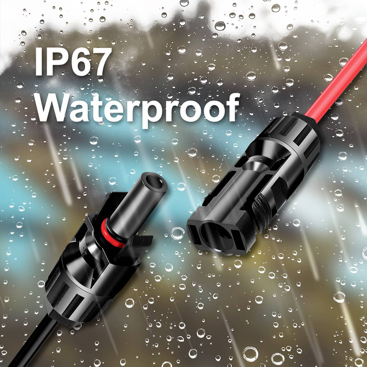 Wodoodporny wtyk IP67 z czerwonym przewodem na rozmytym tle i kroplami wody. Tekst 'IP67 Wodoodporny'.