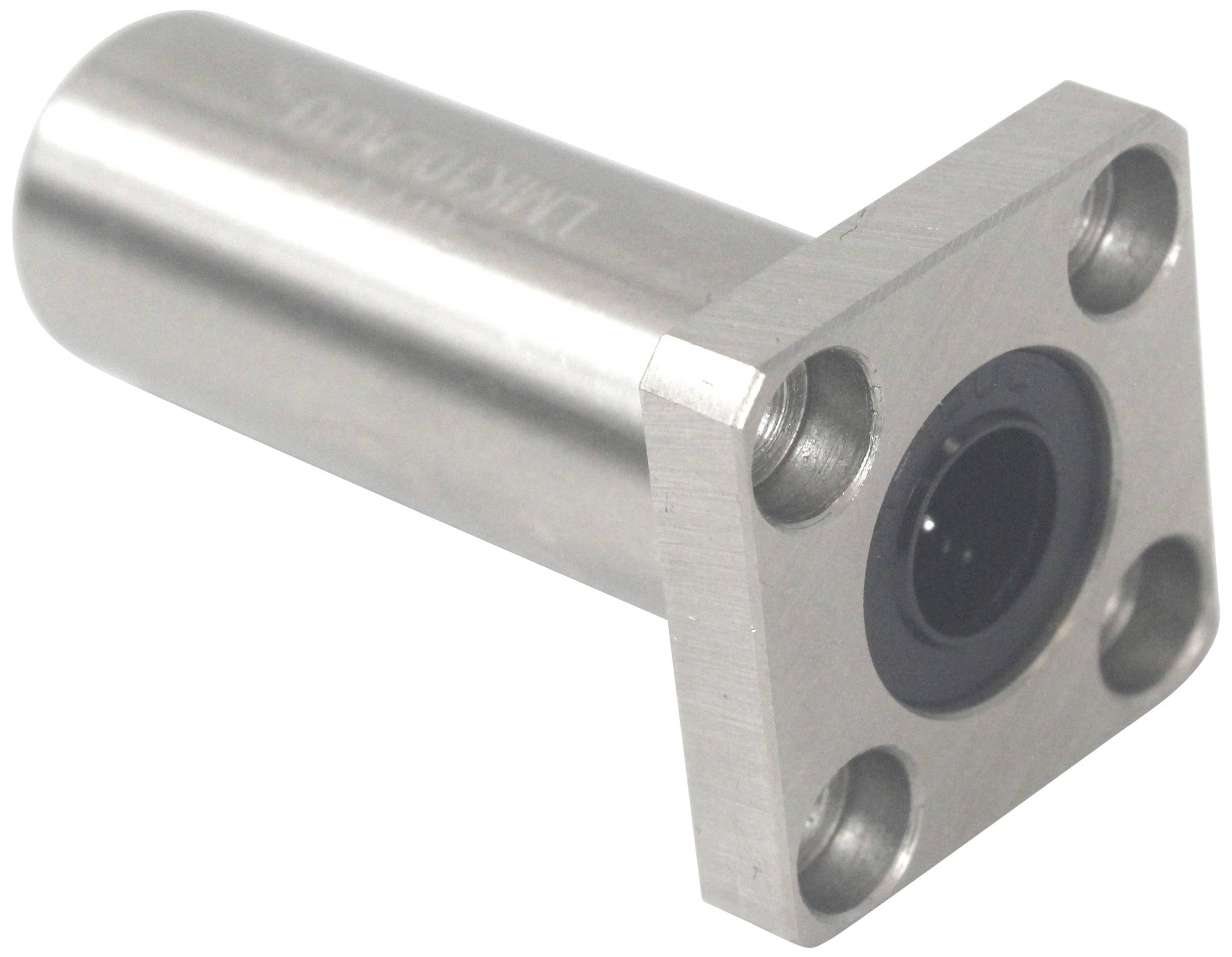 Cylindryczny element metalowy z kwadratową płytką kołnierzową i czterema otworami, prawdopodobnie przeznaczony do zamocowania w systemie mechanicznym.