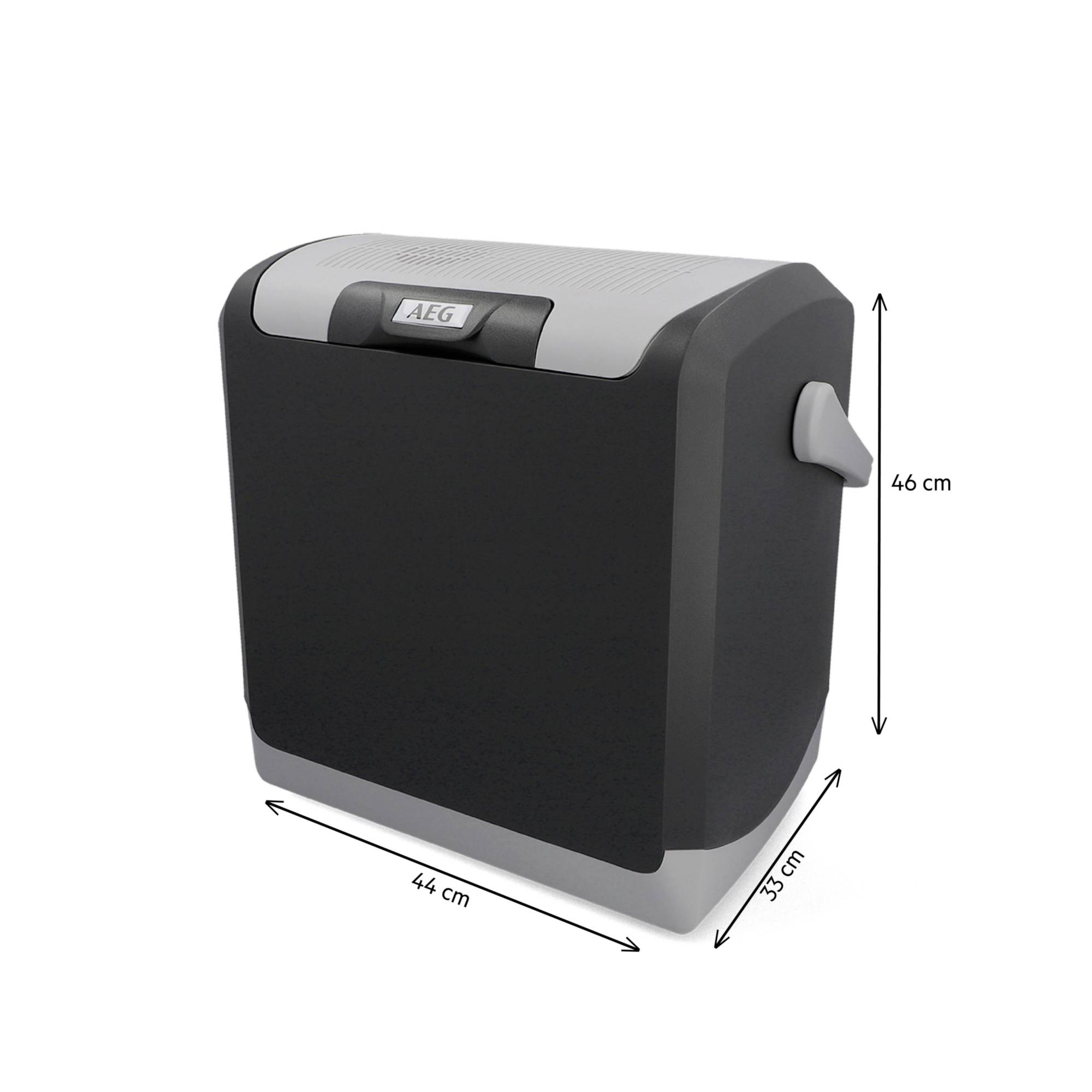 Przenośna elektryczna lodówka turystyczna o wymiarach 44 cm x 33 cm x 46 cm, odpowiednia na camping lub wycieczki, z logo AEG.