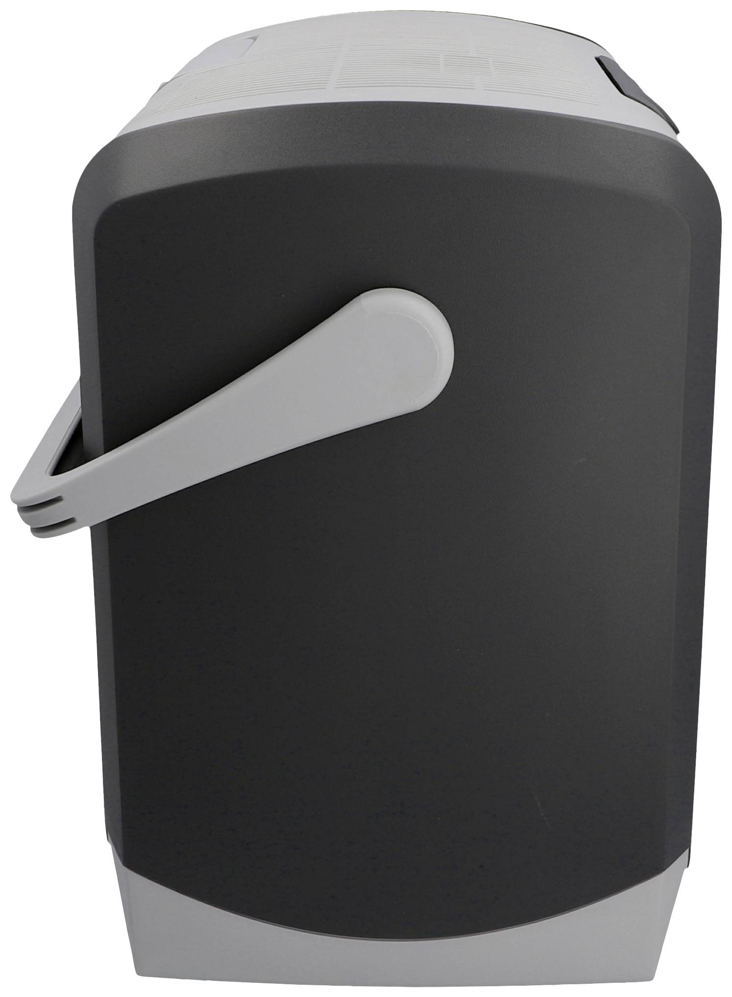 Czarny przenośny mini-lodówka z szarą, zakrzywioną rączką z boku. Idealny do podróży i małych pomieszczeń.