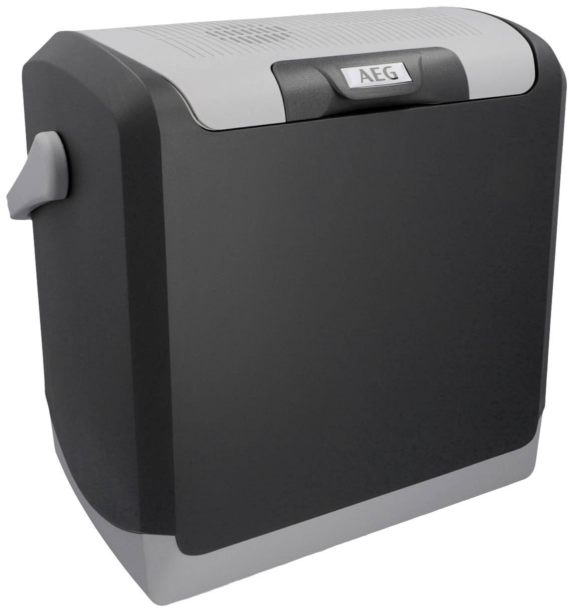 Przenośna, czarna mini-lodówka z szarymi akcentami i logo 'AEG' na przedniej ścianie. Idealna do małych pomieszczeń.