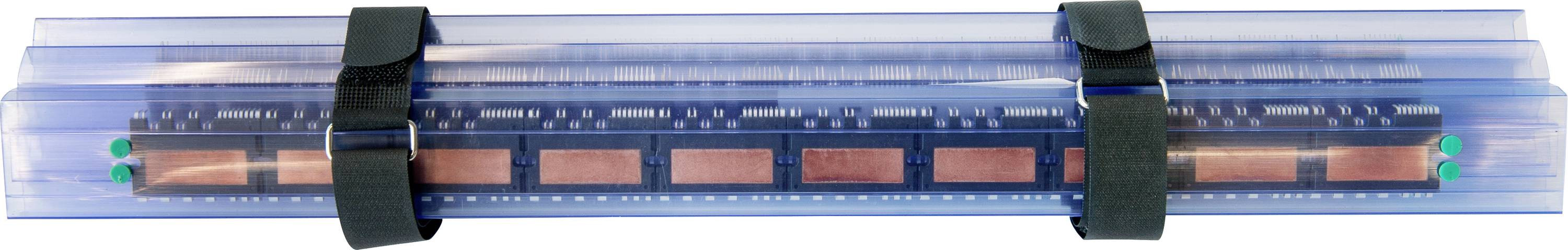 Niebieskie, przezroczyste opakowanie zawiera elementy elektryczne. Dwa czarne paski zabezpieczają opakowanie.